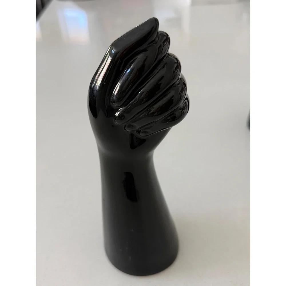 Modern Glossy Black Ceramic Hand Fist Bud Vase Sculptural Home Decor Art